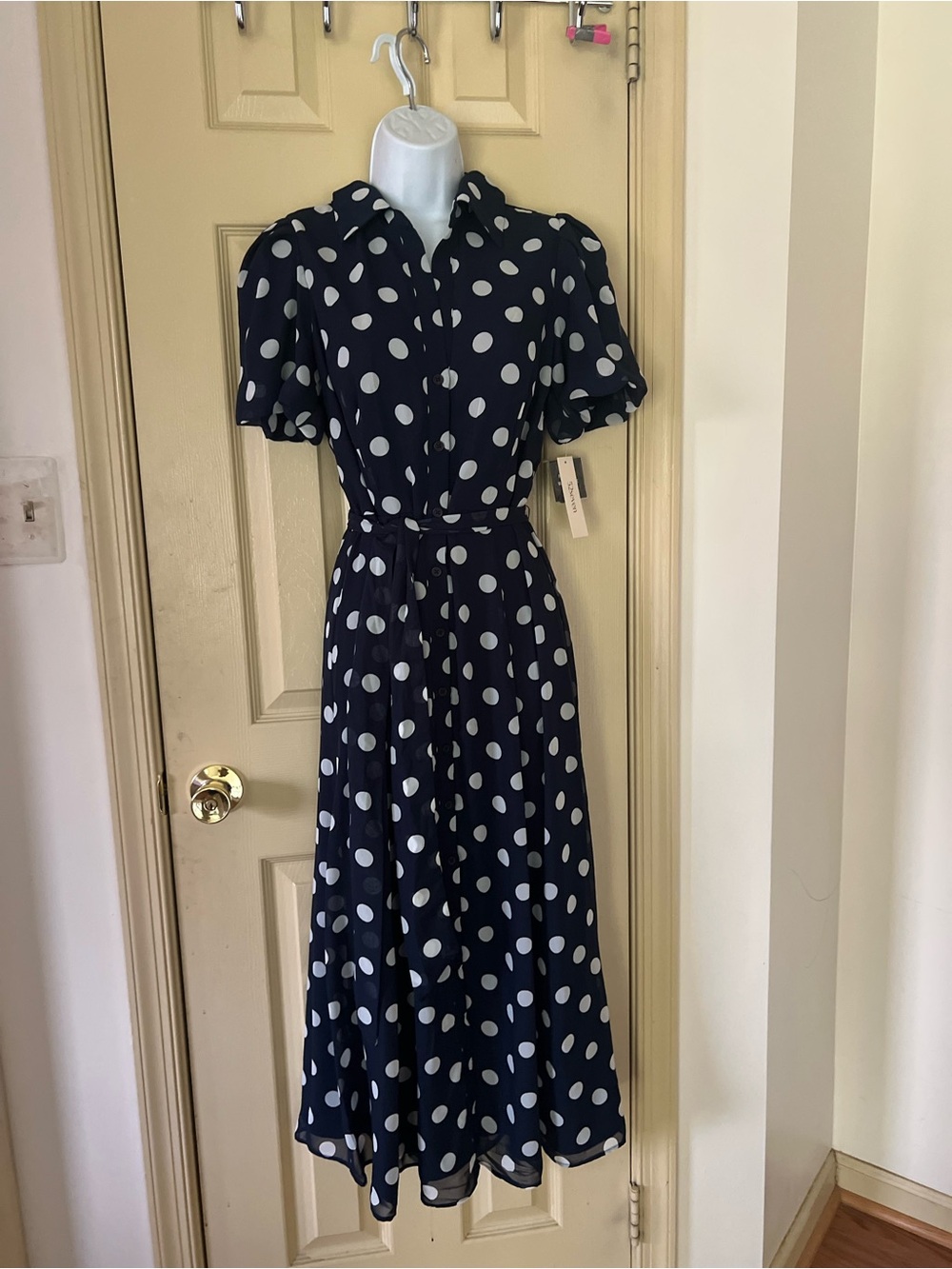 Women's Navy Polka Dot Midi Shirt Dress with Self Tie